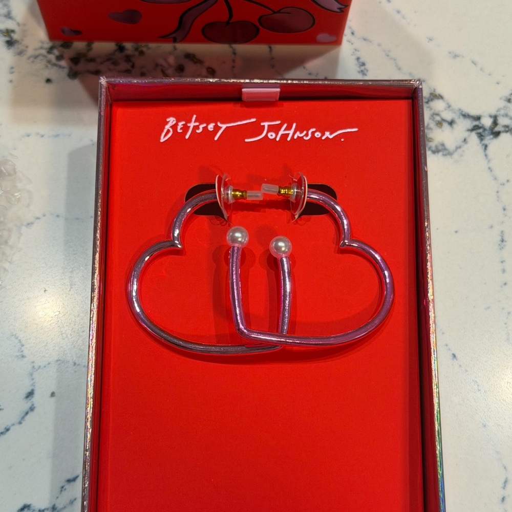 Betsey Johnson “Love Spell” Open Heart Hoop Earrings with Pearl Accent